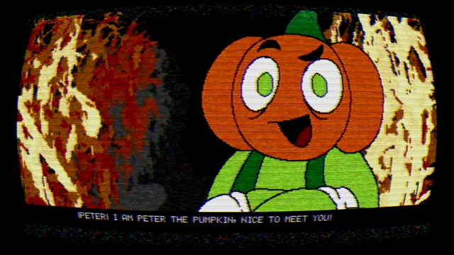Andy's Apple Farm screenshot: a pumpkin character called Peter introduces himself against a corrupted brown background