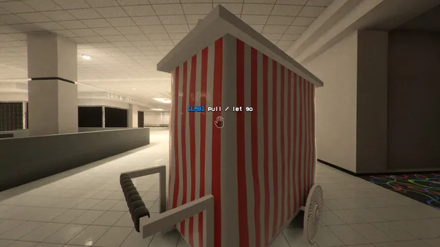 Anemoiapolis screenshot: a red and white striped vendor cart in an empty, brightly lit mall with closed shops