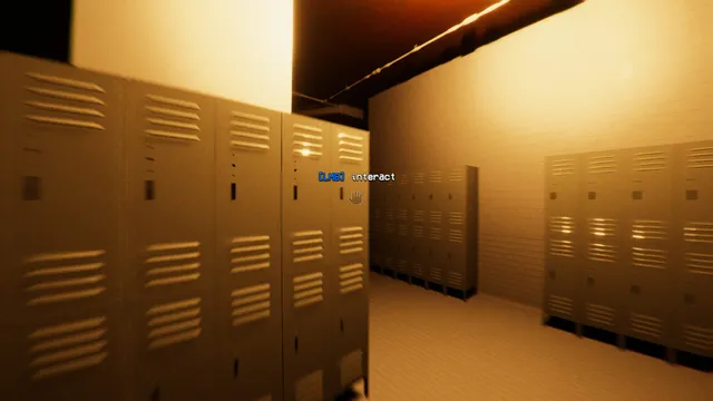 Anemoiapolis screenshot: rows of beige lockers in an empty locker room lit with warm yellow light