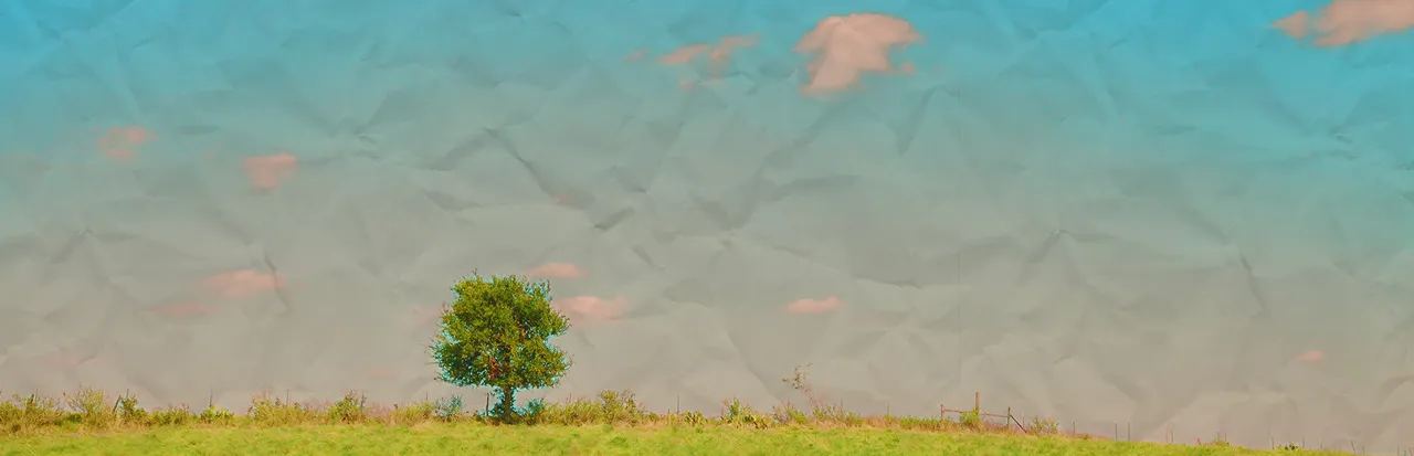Anemoiapolis key art: a lone green tree on a grassy field under a blue sky that looks like crumpled paper