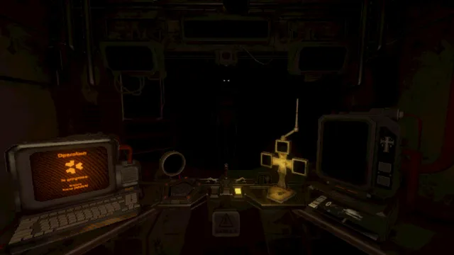 The darkened operating room with a pair of glowing eyes in the shadows beyond the equipment