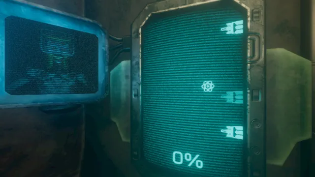 A machine panel at 0 percent next to a staticky monitor