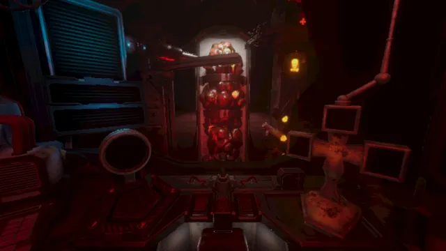 The operating room in red light, with a chamber full of red glowing flesh