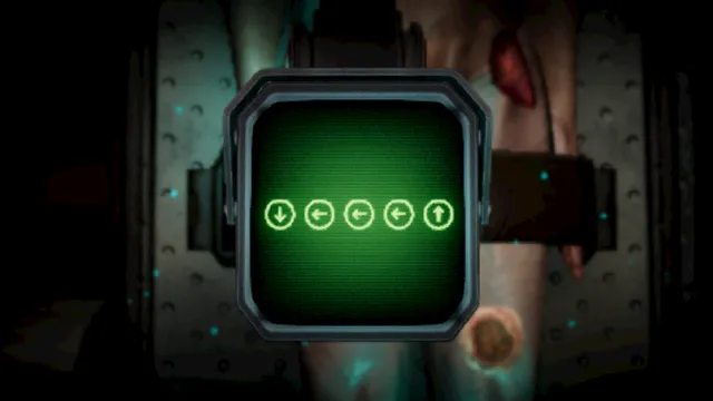 An arrow-sequence minigame on a green screen over a wounded patient's body
