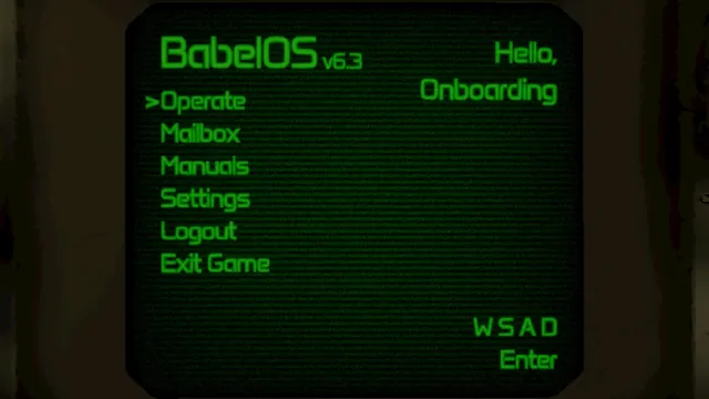 The BabelOS terminal menu with Operate, Mailbox and Manuals