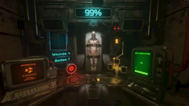 Angel Engine: the operating room, with a strapped test subject in a lit chamber, an operation monitor, a calibration screen and a cross-shaped mechanical arm