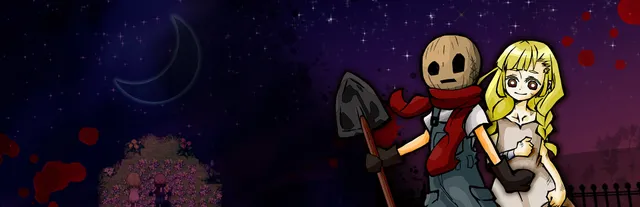 Angels of Death Episode.Eddie key art: Eddie in his sack mask holding a shovel beside a blonde girl, under a crescent moon with blood spatters