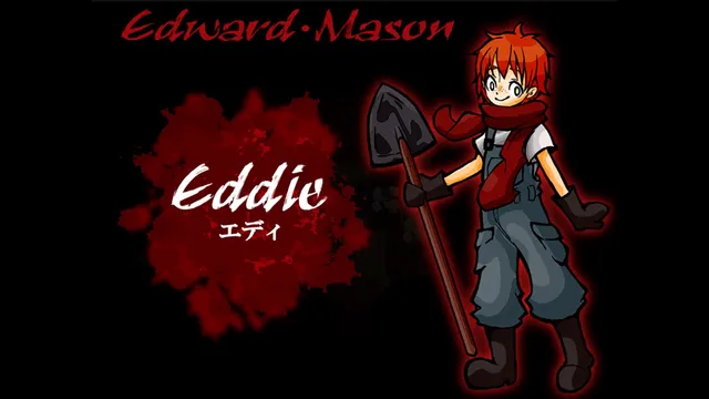 Angels of Death Episode.Eddie screenshot: character card for Edward Mason, Eddie, holding a shovel over a blood splash