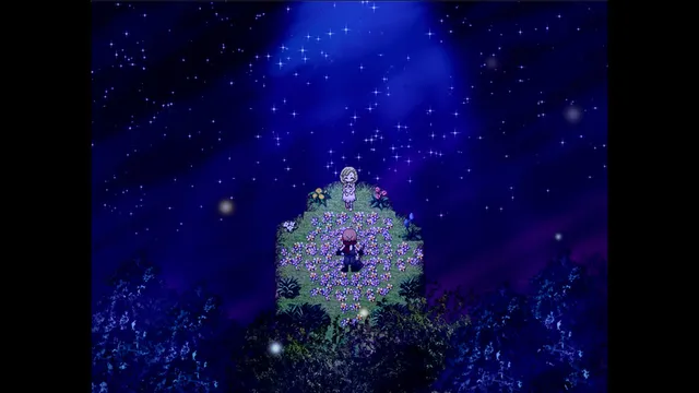 Angels of Death Episode.Eddie screenshot: two small figures in a clearing of flowers under a starry blue light