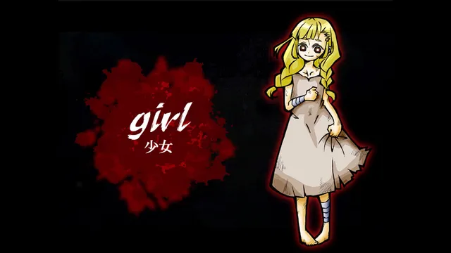 Angels of Death Episode.Eddie screenshot: character card for the girl, barefoot and bandaged, over a blood splash