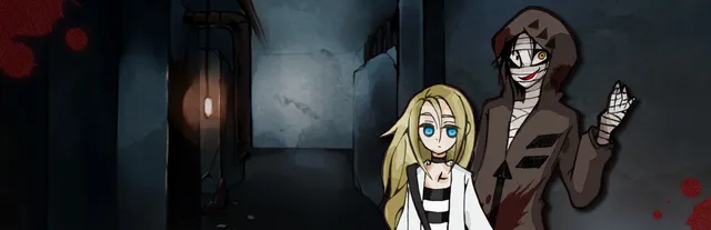 Angels of Death key art: blonde Ray in a striped top beside bandaged Zack in a bloodstained hooded coat, grinning in a dark corridor