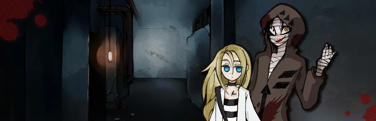 Angels of Death key art: blonde Ray in a striped top beside bandaged Zack in a bloodstained hooded coat, grinning in a dark corridor