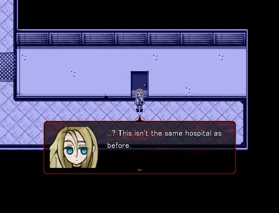 Angels of Death: Ray in a pale hospital-like hallway, her portrait saying this is not the same hospital as before