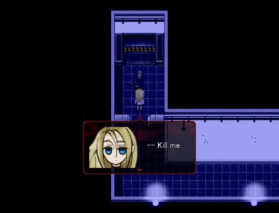 Angels of Death: Ray stands in a dim blue tiled corridor with a dark figure ahead as her portrait says Kill me