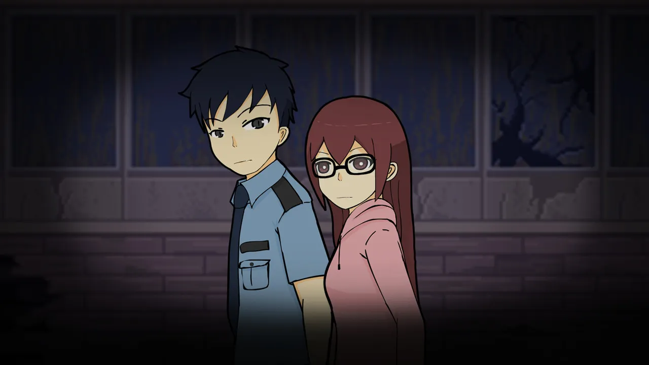 Ann in glasses and a pink hoodie standing beside the dark-haired security guard in front of a dark, cracked school wall