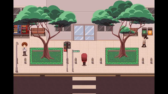 Pixel-art street outside the school by day, with trees, vending machines and Ann at a crossing