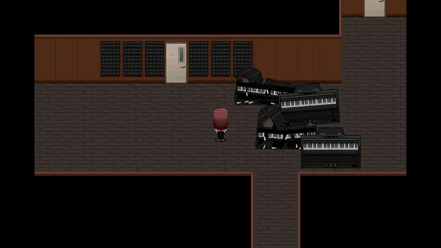 Ann facing a pile of black pianos blocking a dark school corridor