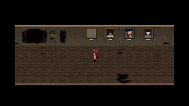 Ann walking a rotten pixel-art corridor lined with portraits and holes in the wall