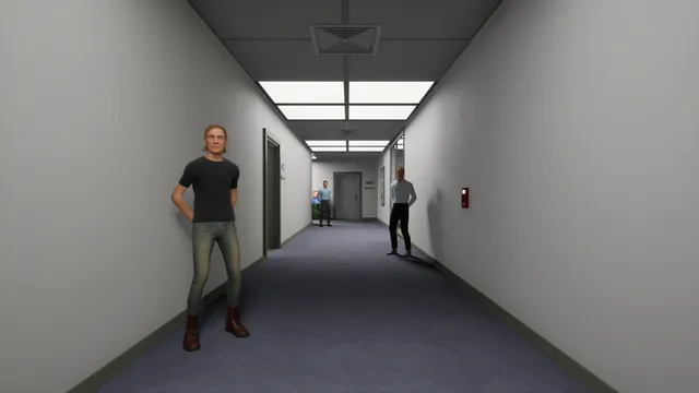 Anomaly Company screenshot: men in plain clothes stand along a long, empty white office corridor