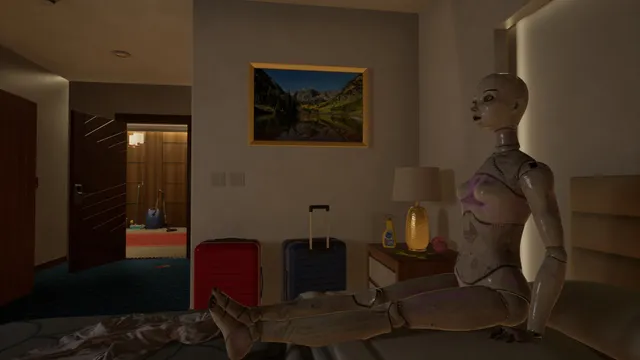 Anomaly Company screenshot: a mannequin-like figure sits on the floor of a hotel room beside suitcases