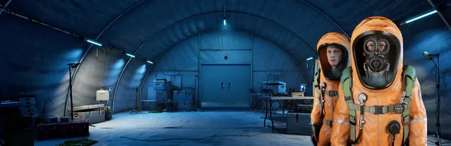 Anomaly Company art: two crew members in orange hazmat suits, one in a gas mask, inside a blue-lit field hut