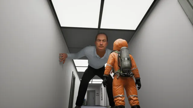Anomaly Company screenshot: a giant man in a shirt crouches under the ceiling of a white office corridor, looming over a hazmat-suited crew member