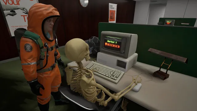 Anomaly Company screenshot: a skeleton sits at an old computer showing Worker 1 deceased, beside a crew member in an orange suit