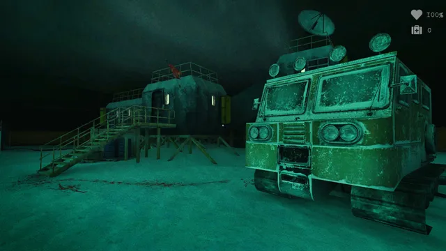 Antarctica 88 screenshot: the research station at night with a snow-covered tracked vehicle parked in front