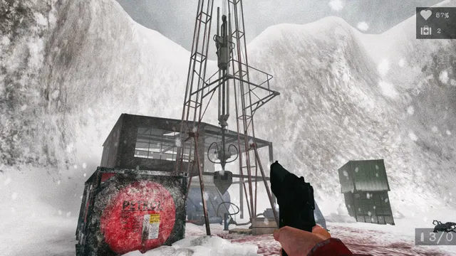 Antarctica 88 screenshot: a drilling rig and hut in a snowstorm, blood on the snow and a pistol in hand
