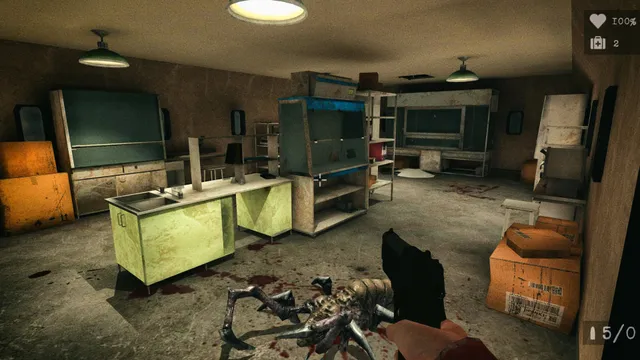 Antarctica 88 screenshot: a pistol aimed at a dead spider-like creature on the blood-stained floor of a station lab