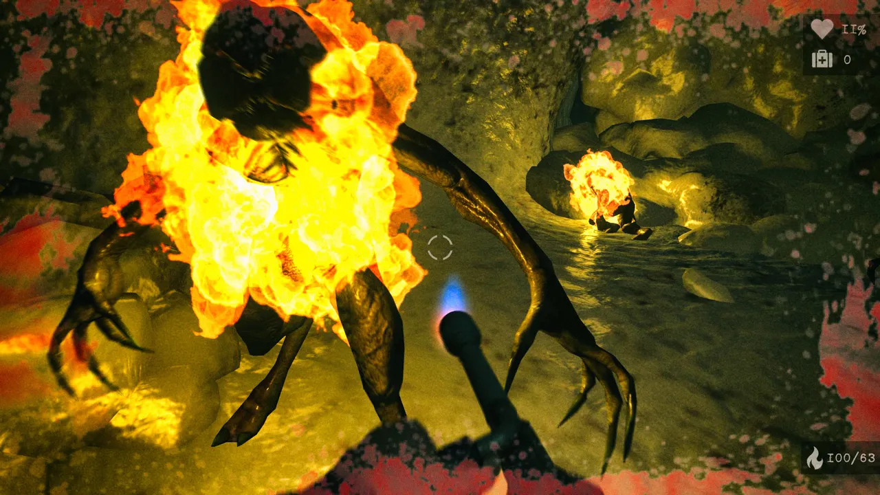 Antarctica 88 screenshot: a flamethrower sets a long-legged spider-like creature on fire in a cave