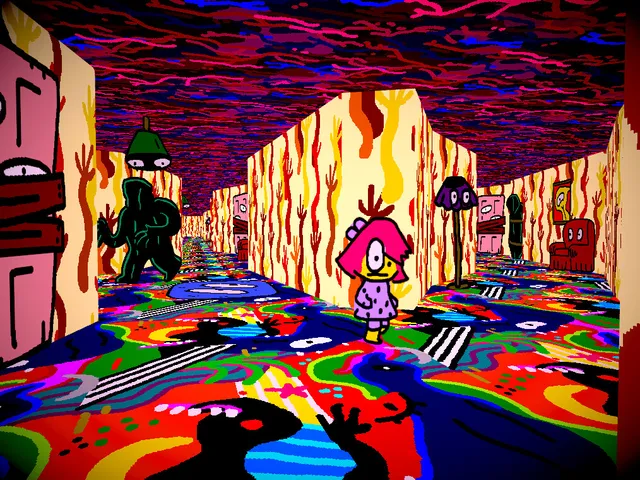 Anthology Of The Killer screenshot: BB walks down a psychedelic corridor of flame-patterned walls and swirling floors among dark figures