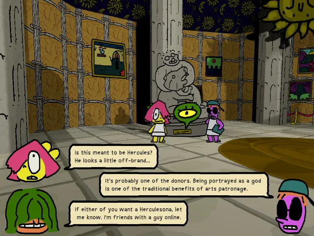 Anthology Of The Killer screenshot: BB and two friends look at a statue in a museum hall hung with paintings