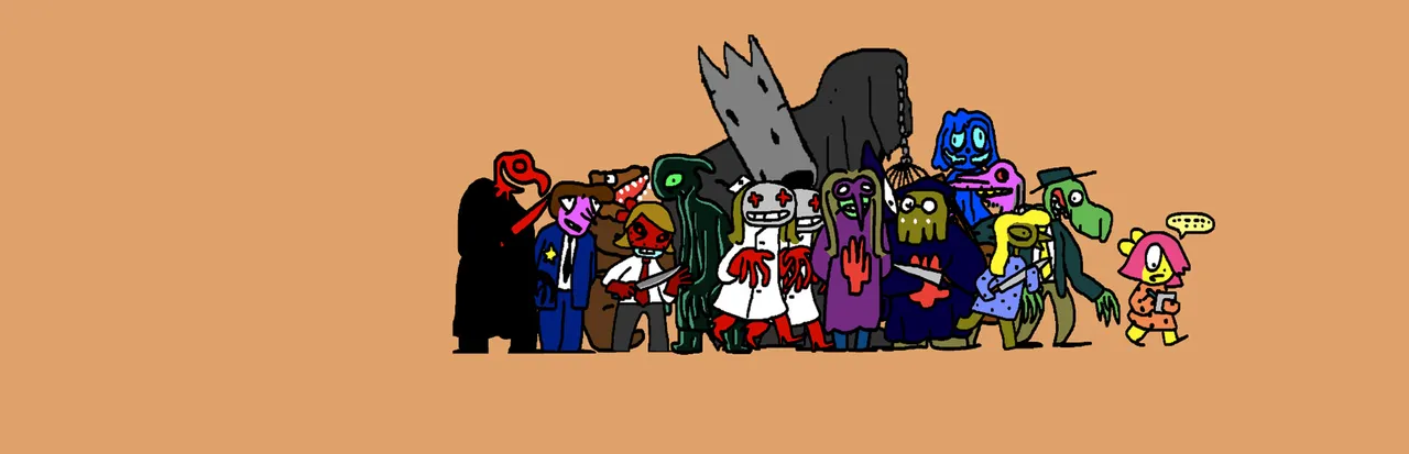 Anthology Of The Killer key art: BB, a small pink-haired girl, stands at the end of a line of grotesque cartoon characters, some covered in blood
