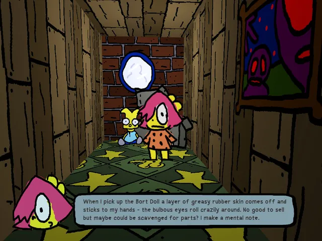 Anthology Of The Killer screenshot: BB stands in a wooden hallway with a bug-eyed doll, describing its greasy rubber skin