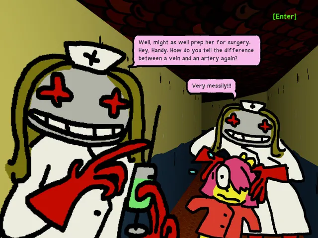 Anthology Of The Killer screenshot: two grinning nurses with red crosses for eyes prep BB for surgery, joking about veins and arteries