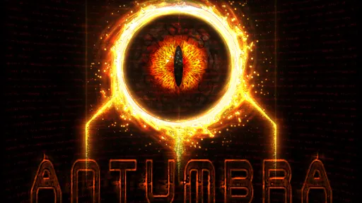 Antumbra title art: a glowing orange eye with a slit pupil inside a burning ring, above the word Antumbra in orange