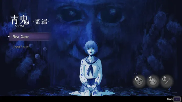 Aooni screenshot: the title screen of Ai's Story, a girl in a stained school uniform kneeling under a giant blue face