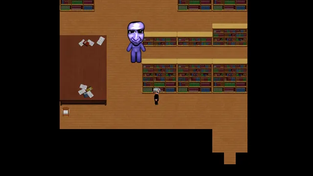 Aooni screenshot: the blue demon stands among the bookshelves of the mansion's library near Hiroshi