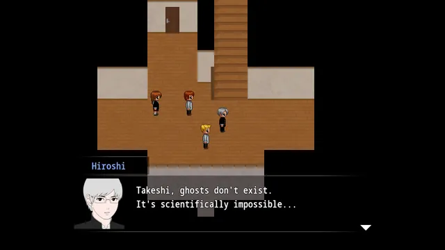 Aooni screenshot: the four friends in the mansion's entrance hall as Hiroshi says ghosts do not exist
