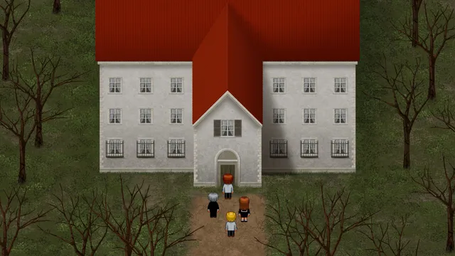 Aooni screenshot: four teenagers walk up the path to a large white mansion with a red roof among bare trees