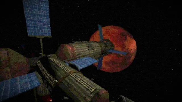 The space station with solar panels drifting above a red planet