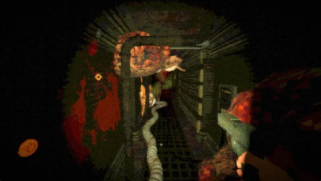 A station corridor overgrown with red growths of flesh and hanging tubes, seen in first person