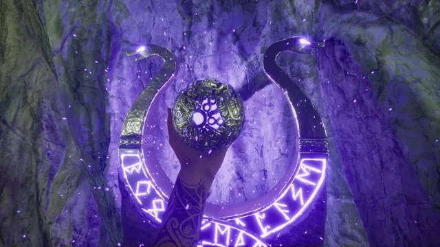 A tattooed hand holds up a carved metal sphere before a gate of glowing purple runes between two serpent heads
