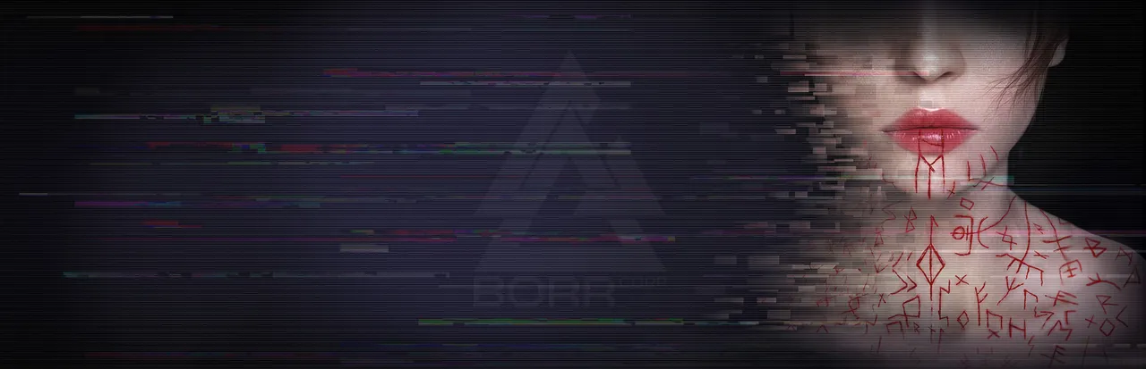 Apsulov: End of Gods key art: a pale woman's face and neck covered in red runes, breaking up into digital glitches
