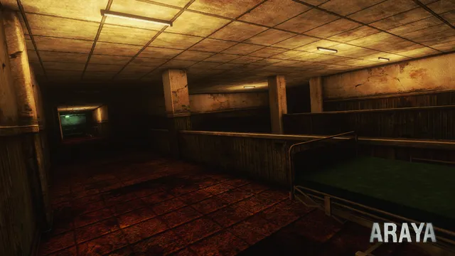 ARAYA: an empty ward with metal bed frames and a blood-stained red tiled floor under yellow light