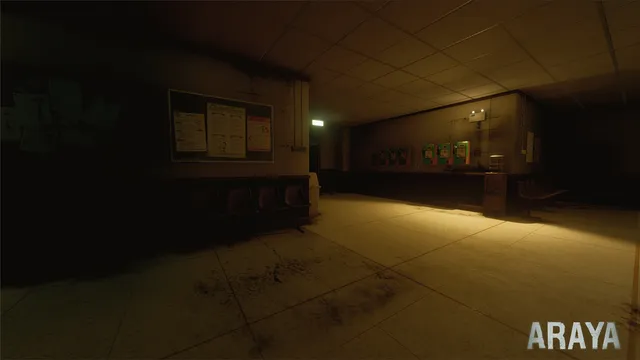 ARAYA: a dim hospital waiting area with notice boards and rows of seats
