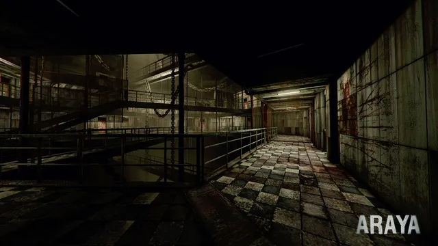 ARAYA: a hospital walkway with a checkered floor and blood-smeared walls running past a dark atrium