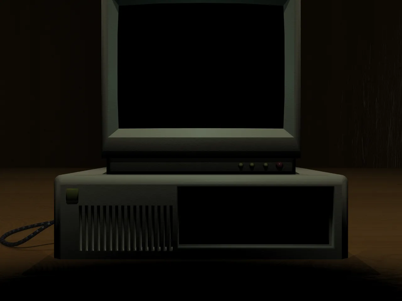 ARD art: an old beige computer with a dark CRT monitor on a wooden desk in a dark room