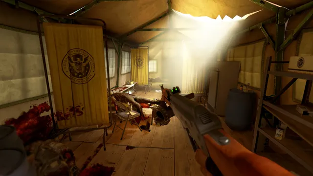 Arizona Sunshine Remake screenshot: holding a shotgun inside a blood-spattered government tent